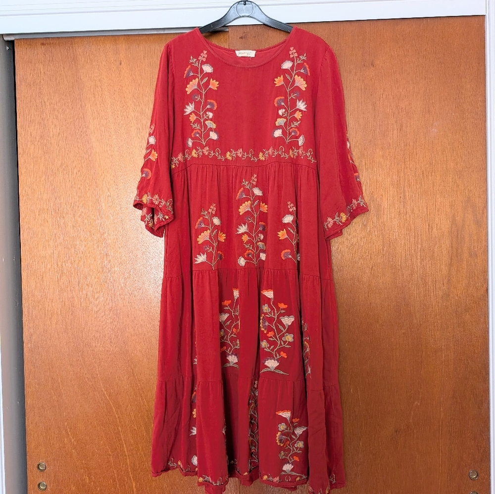 Roolee Red Embroidered Midi Dress